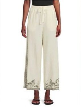 Max Studio Cream White Linen Blend Wide-Leg Floral Print Drawstring Pants M